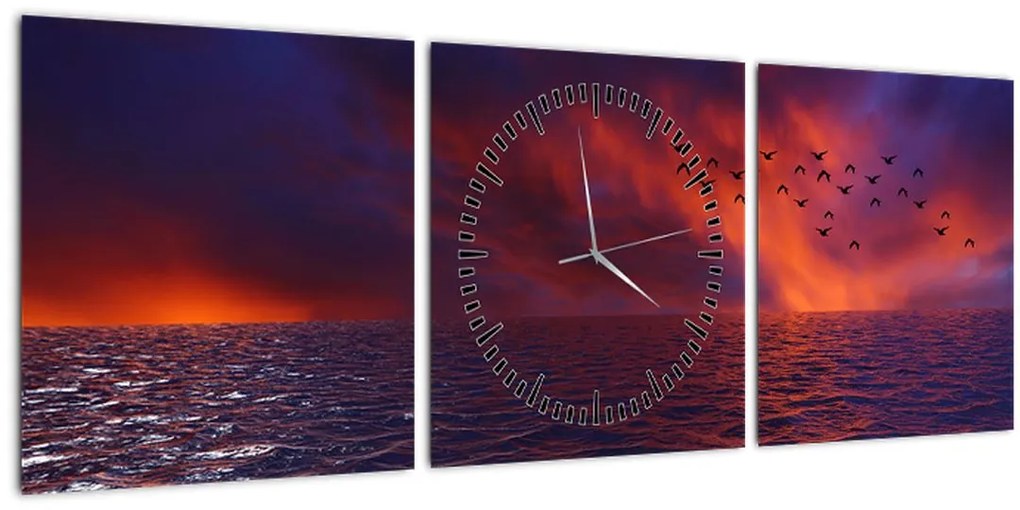 Tablou cu mare și păsări (cu ceas) (90x30 cm)