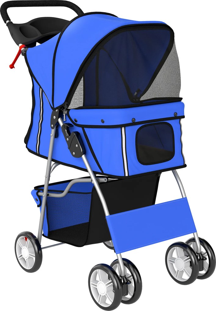 PawHut Cărucior pentru Câini Pliabil cu Benzi Reflectorizante, Roți Rotative, Frâne și Pernă Lavabilă, Albastru | Aosom Romania