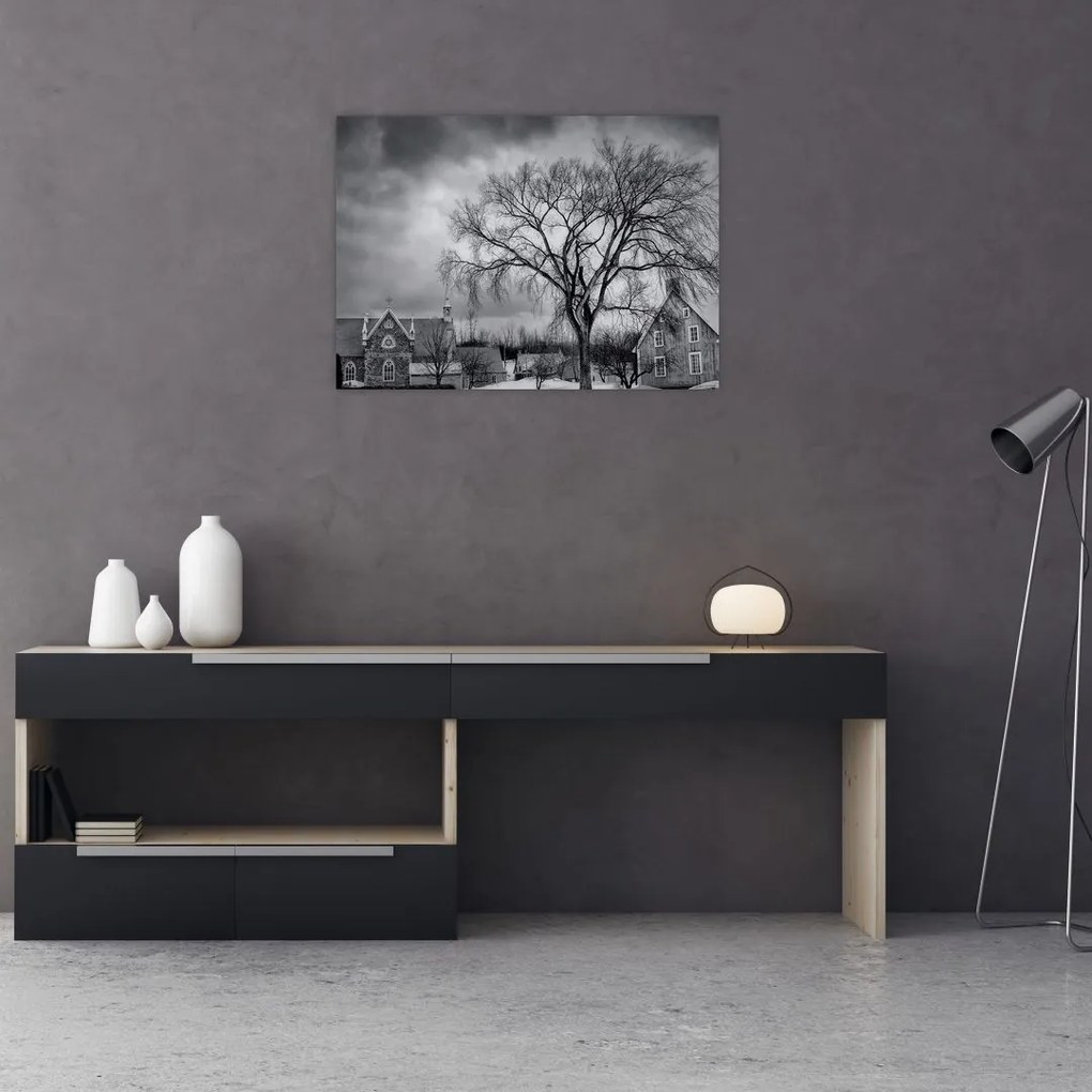 Tablou pe sticlă cu sat alb negru (70x50 cm)