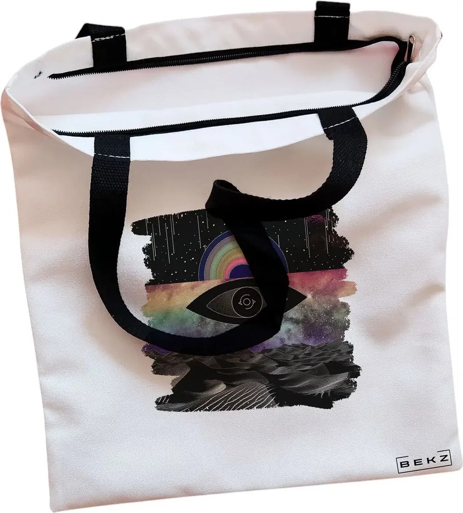 Sacosa de Panza pentru Cumparaturi, Geanta Tote, model Celestial Eye 19, Cu fermoar, 38x34.5 cm, Alba, BEKZ®