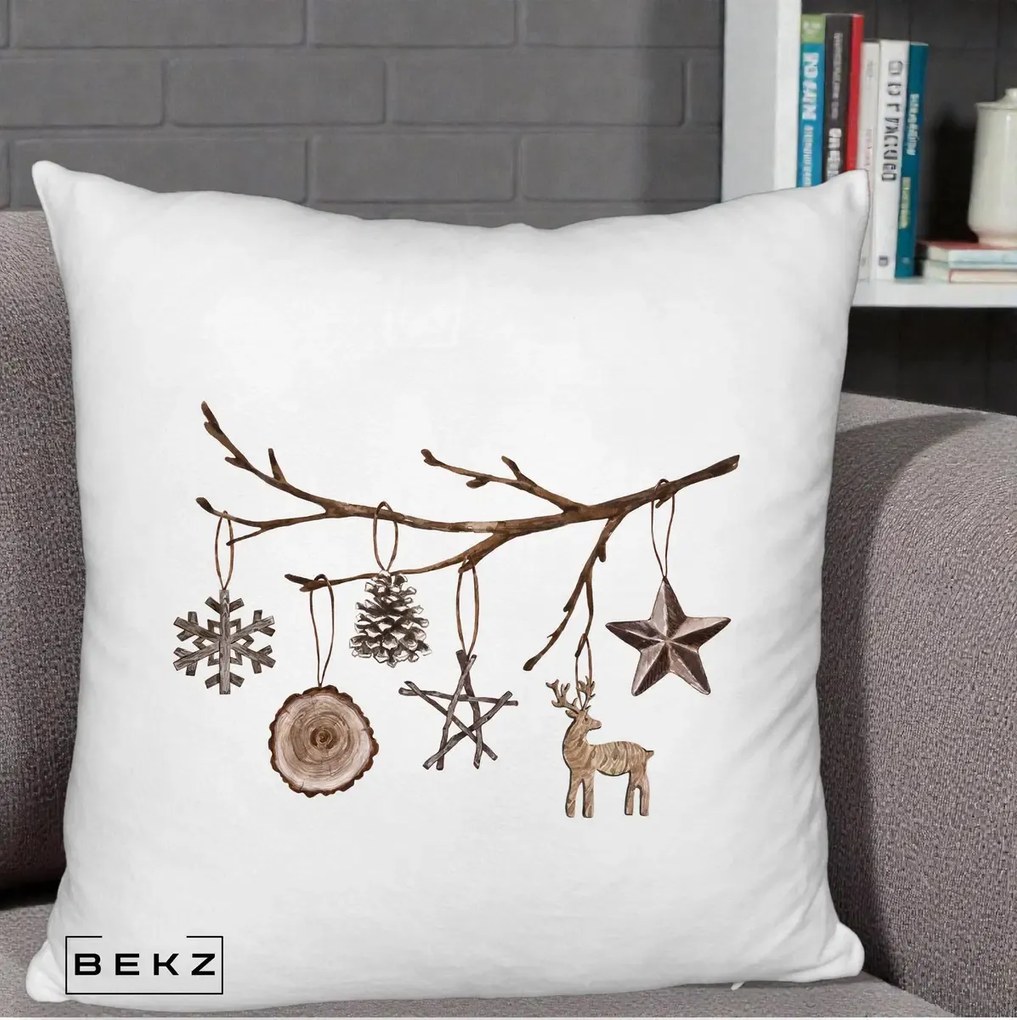 Perna Decorativa Ornamente de Lemn pe Ramura, 40x40 cm, Alb Pufos, Husa Detasabila, Perna Inclusa, BEKZ®