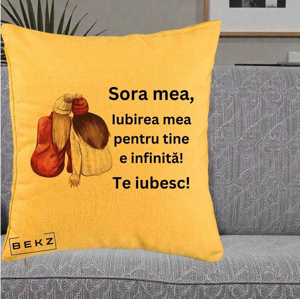 Cadou pentru Sora - Perna Personalizata Sora Mea Te Iubesc Doua Fete Iarna Acuarela, 40x40 cm, Galben, Husa Detasabila, Perna Inclusa, BEKZ®