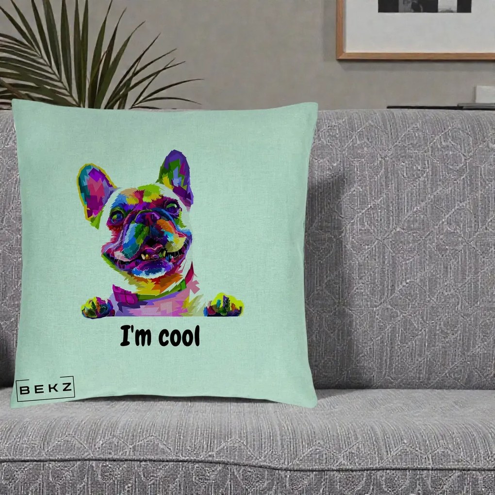 Perna Personalizata Bulldog Francez I'm Cool, 40x40 cm, Verde Menta, Husa Detasabila, Perna Inclusa, BEKZ®