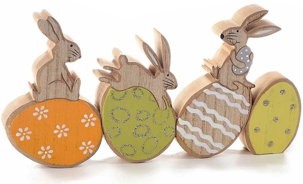 Decoratiune Iepurasi Paste din lemn portocaliu verde 22 cm x 2 cm x 11 h