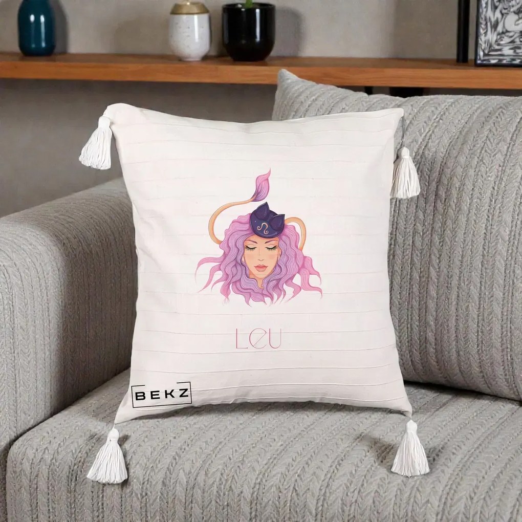 Perna Personalizata Zodie Leu, 40x40 cm, Bej cu Franjuri, Husa Detasabila, Perna Inclusa, BEKZ®