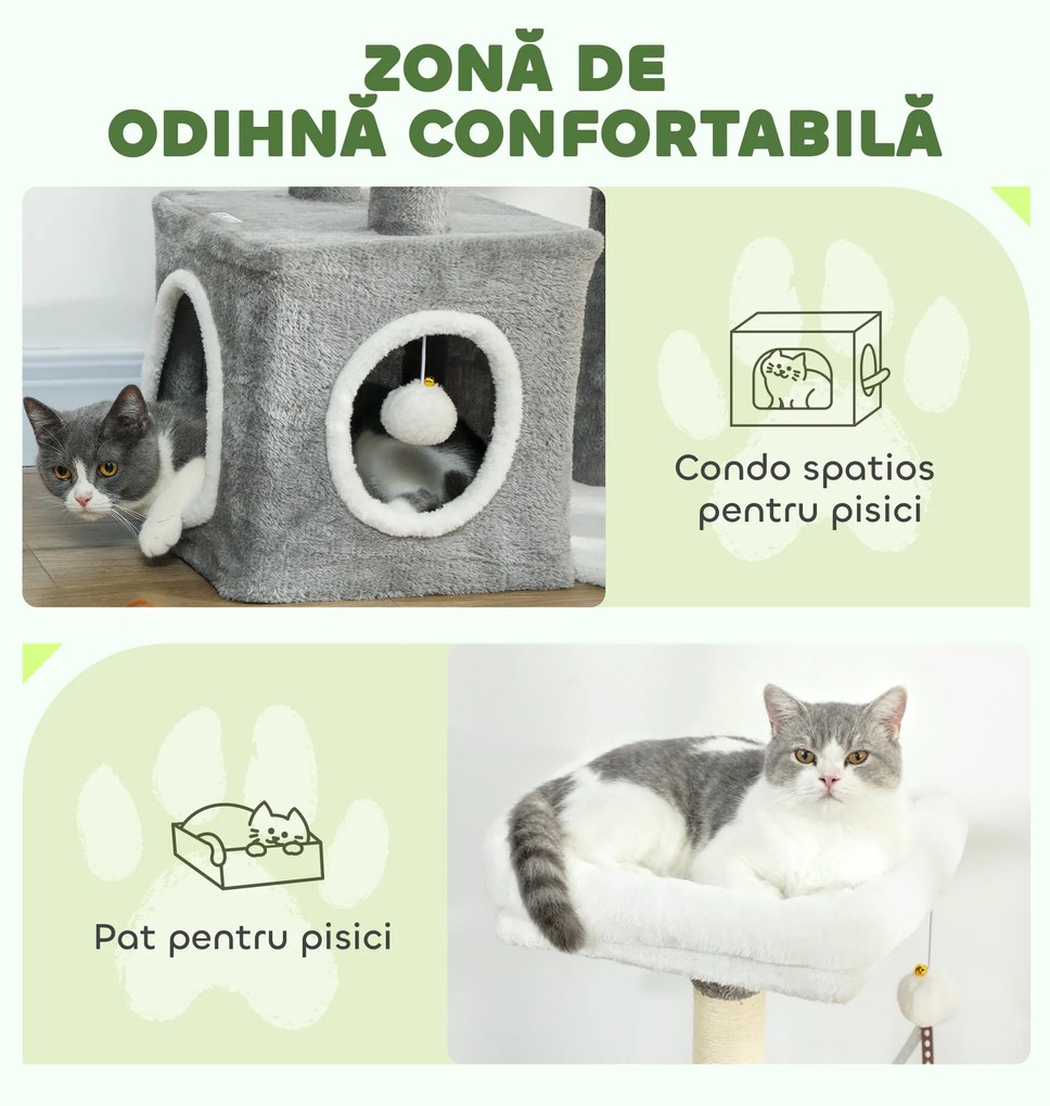 PawHut Ansamblu de joacă zgârietoare pentru pisici cu căsuță, pat și 2 mingi, din lemn și pluș, 55x40x107 cm, gri și alb | Aosom Romania