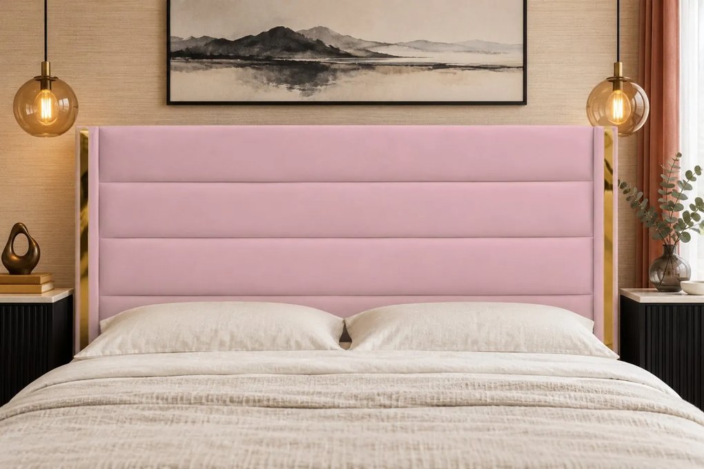 Pat tapițat din catifea Veyra 140×200 cm, roz, detalii aurii, cu ladă de depozitare