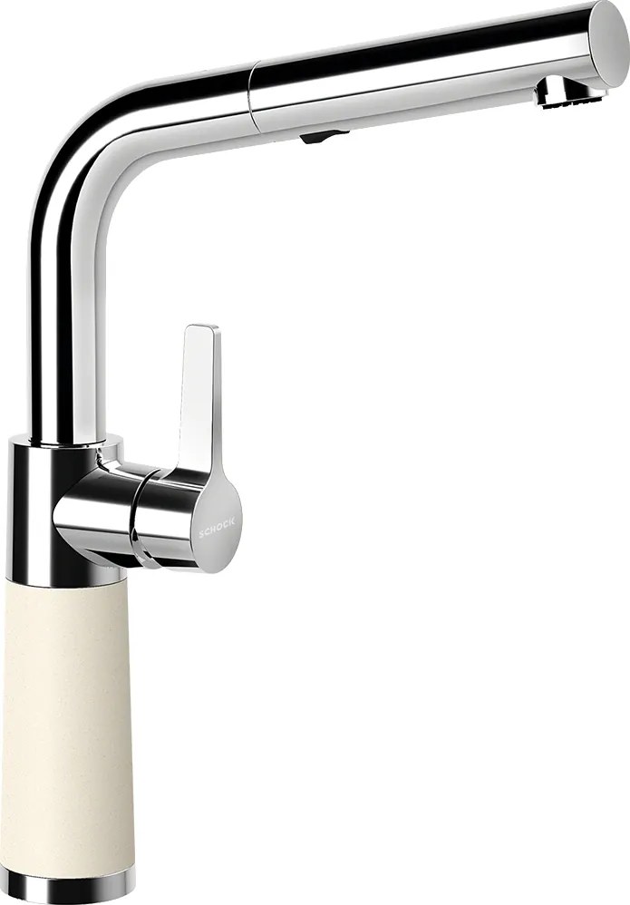 Baterie bucatarie Schock SC-540 Cristadur Magnolia cu cap extractibil, 2 tipuri de jet, aspect granit, cartus ceramic, alb cremos