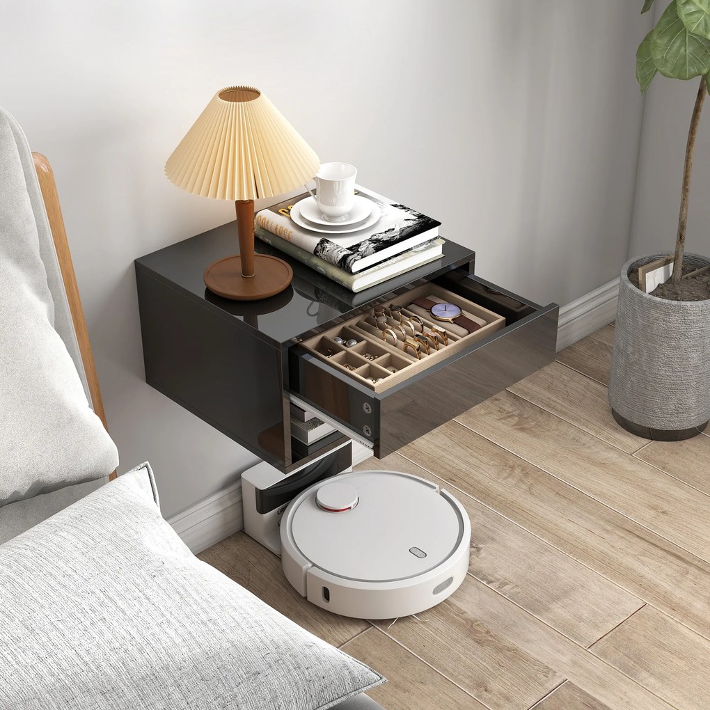 HOMCOM Set de 2 Noptiere suspendate Noptiere cu sertar pentru dormitor 37x32x21 cm Negru lucios | Aosom Romania