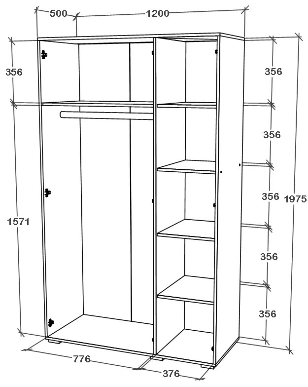 Dulap Nero, 3 Usi, oglinda, Stejar Bronz, 120 x 52 x 200 cm