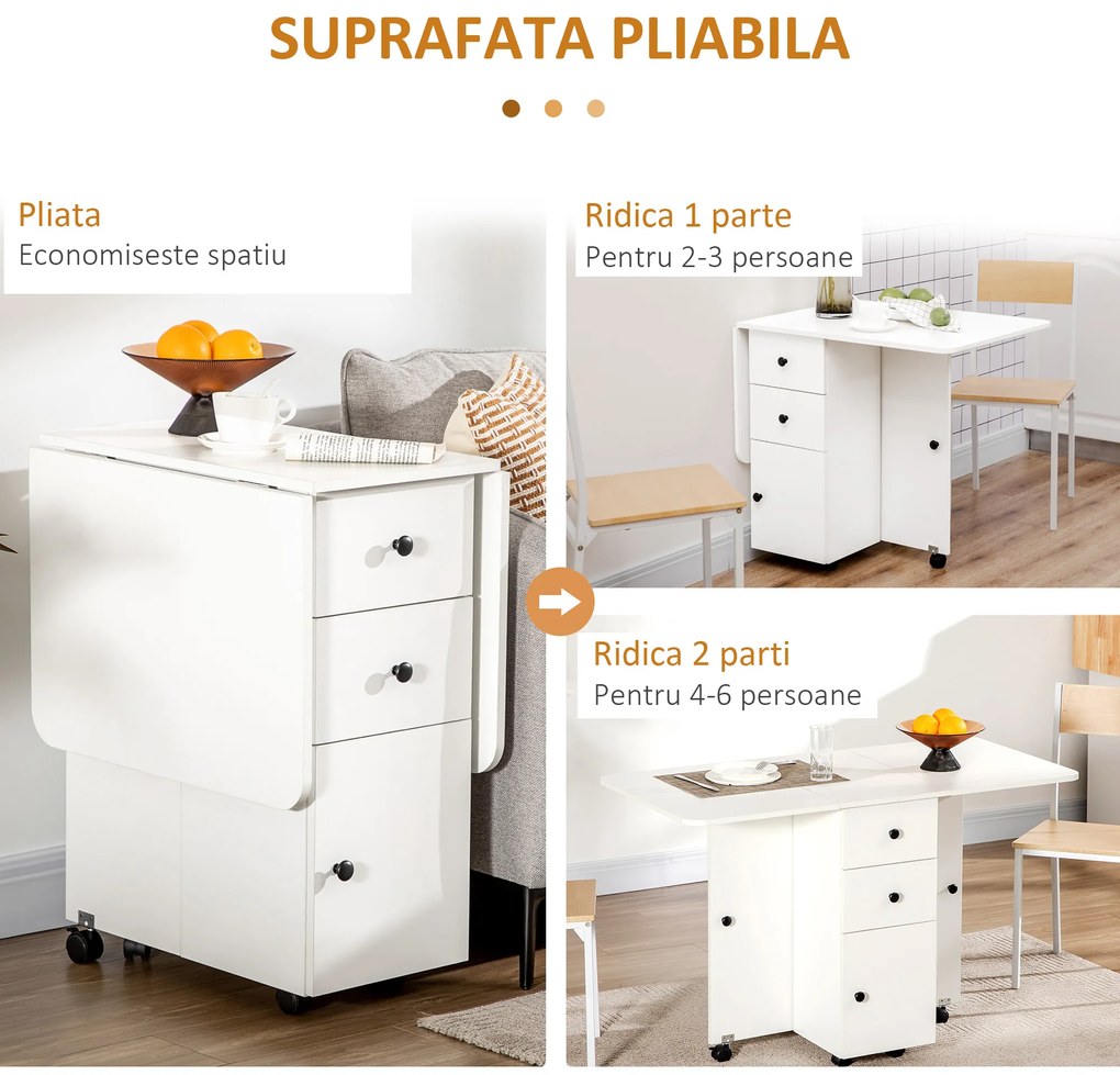 HOMCOM masă pliabilă cu 2 Sertare, Dulap și Raft Posterior, Masă pentru 6 Persoane, 120x60x76.6 cm, Alb | Aosom Romania
