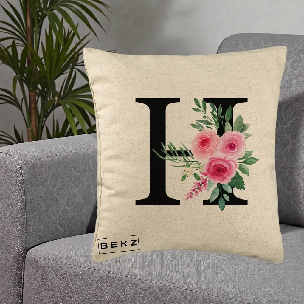 Cadou Personalizat - Perna Personalizata Monograma Florala Litera H cu Trandafiri Roz, 40x40 cm, Bej, Husa Detasabila, Perna Inclusa, BEKZ®
