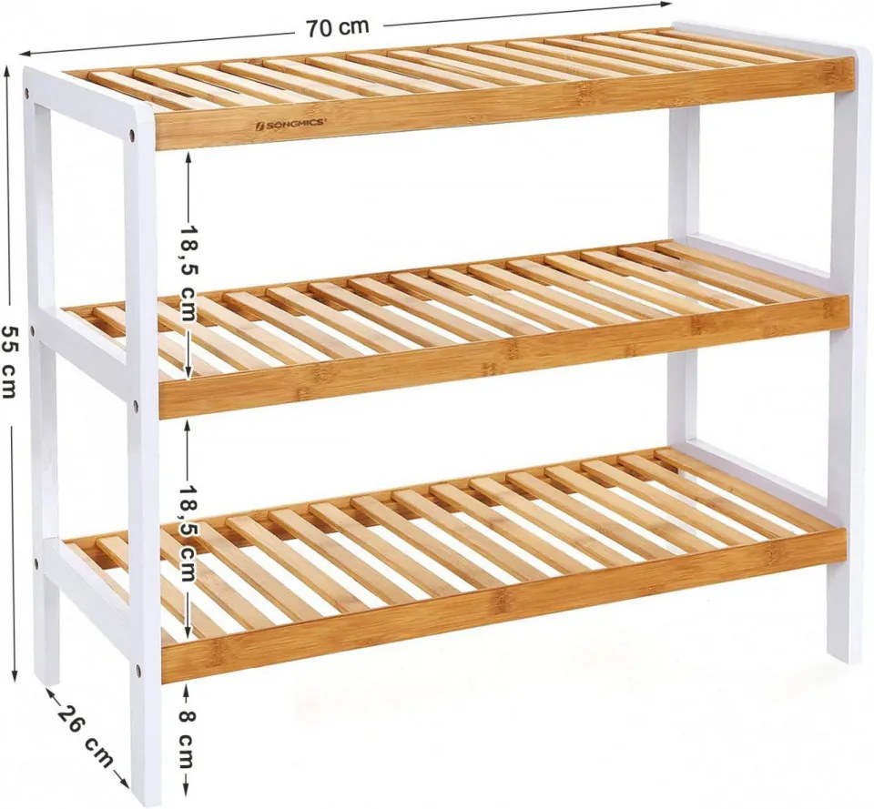 Suport multifunctional cu 3 rafturi, bambus, alb / natural, Vasagle