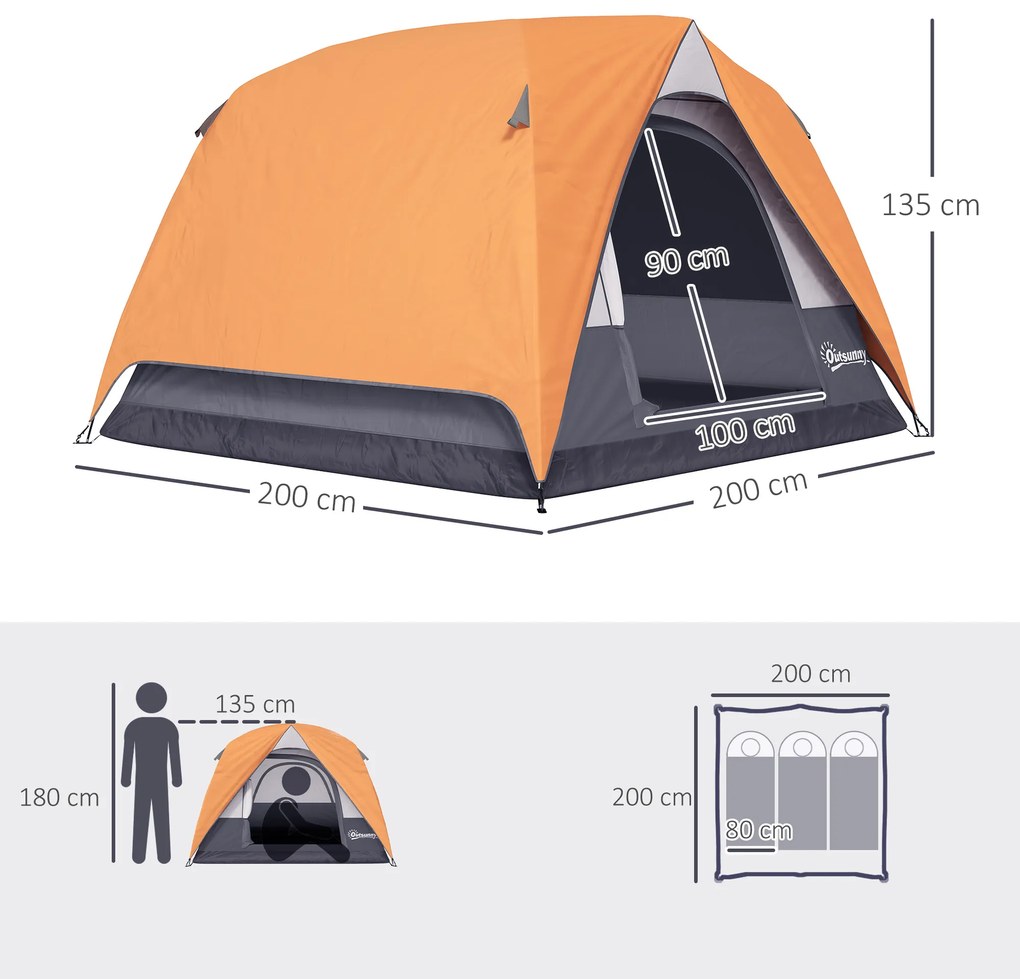 Outsunny Cort de Camping pentru 3 Persoane cu Buzunare Detașabile și Geantă de Transport, 200x200x135 cm, Portocaliu | Aosom Romania