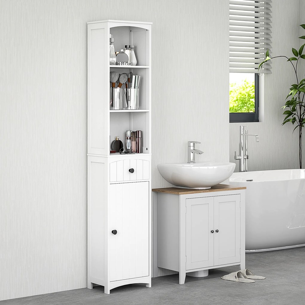 HOMCOM Şifonier de baie cu 3 rafturi, 1 sertar, solid, MDF, Alb | Aosom Romania