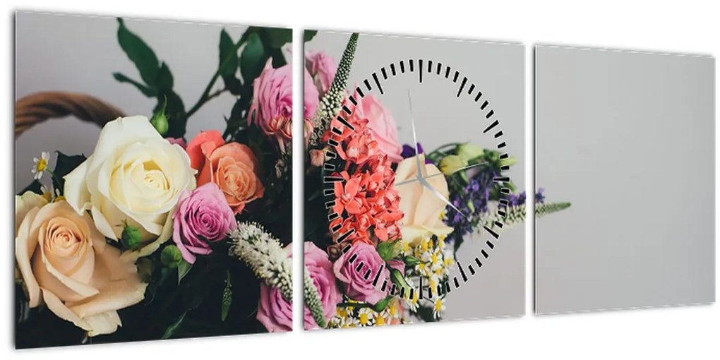 Tablou cu coș și flori (cu ceas) (90x30 cm)