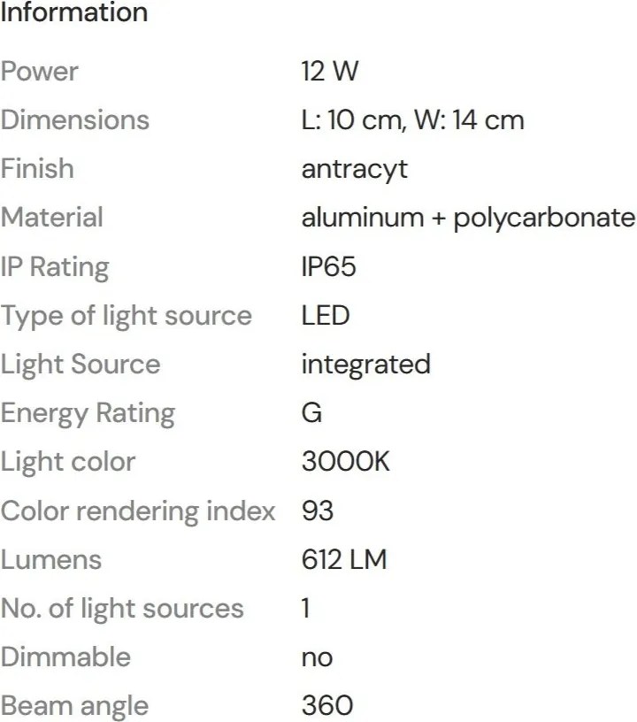 Aplica LED iluminat exterior IP65 Gardenia 12W