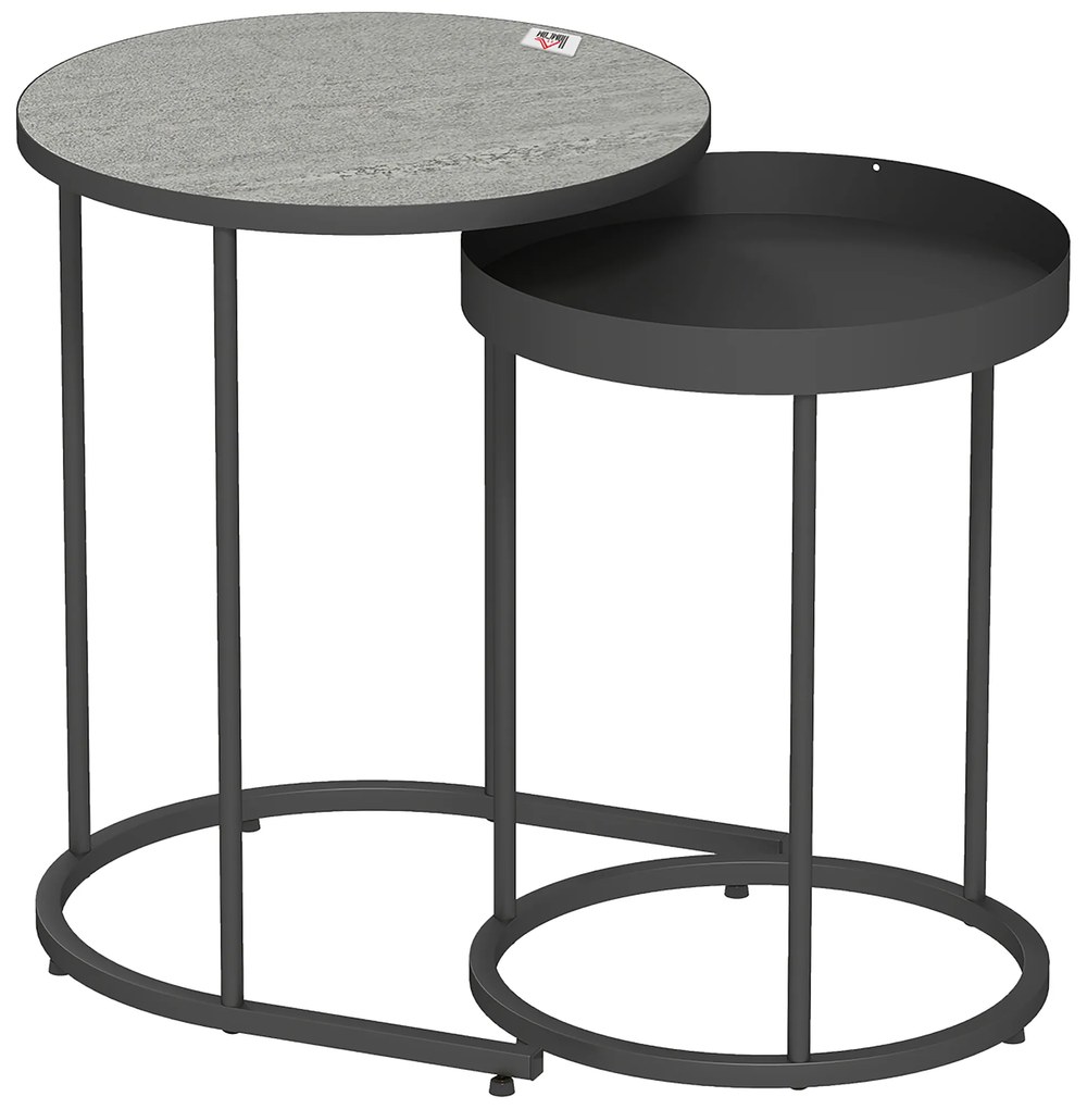 HOMCOM Set de 2 Măsuțe de Cafea în Stil Industrial, din Lemn și Metal, Ø42x54 cm și Ø36.5x48.5 cm, Gri și Negru | Aosom Romania