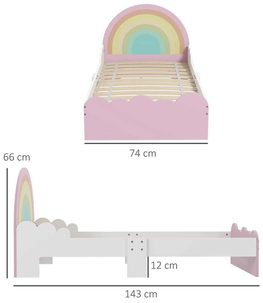ZONEKIZ Cadru Pat Pentru Copii Mici, Mobilier Dormitor Copii Design Curcubeu Pentru Copii Cu Varsta Cuprinsa Intre 3-6 ani, 143 x 74 x 66 cm, Roz