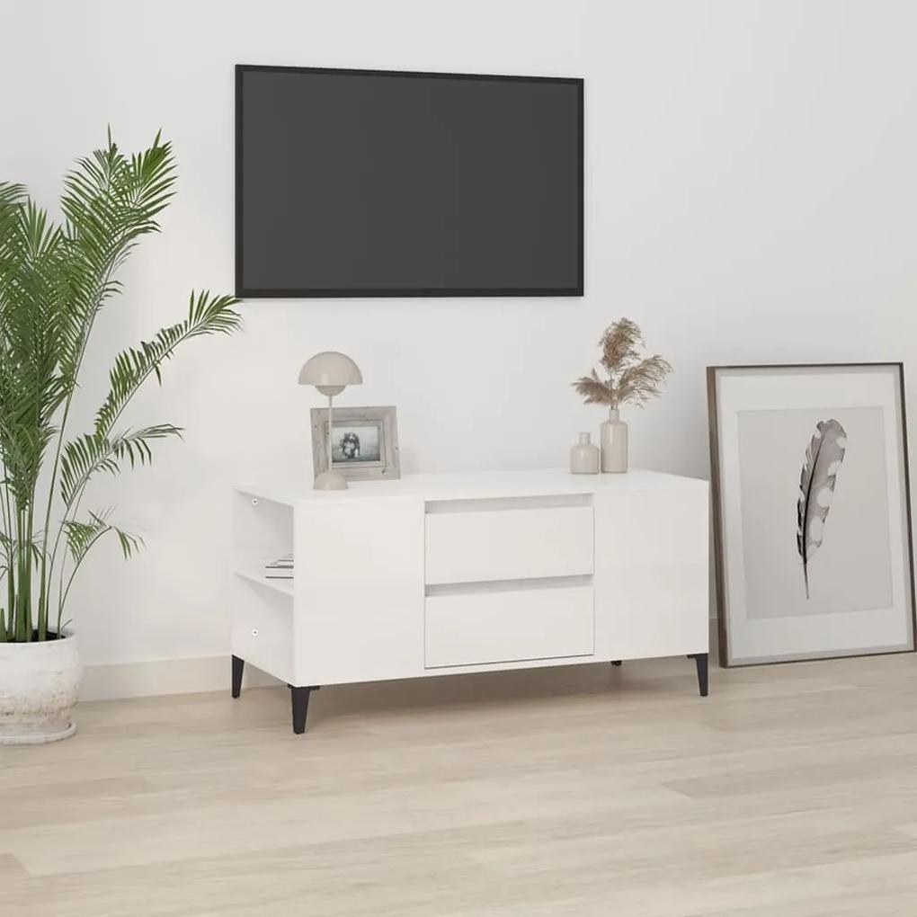 Comoda TV, alb extralucios, 102x44,5x50 cm, lemn prelucrat 1, Alb foarte lucios