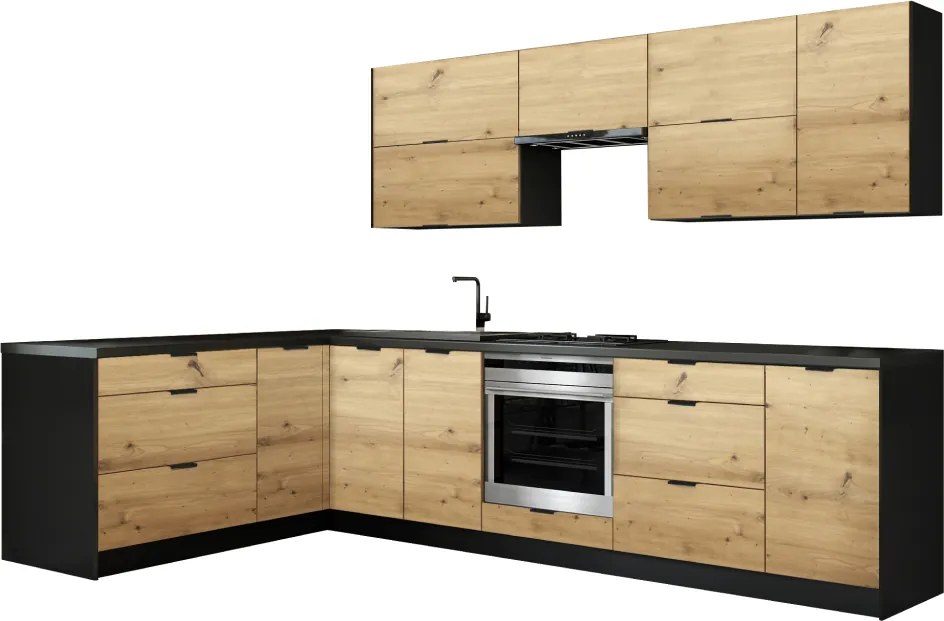 Mobilier de bucătărie universal colţar, 300x180, stejar artizan/negru, NOLDIC