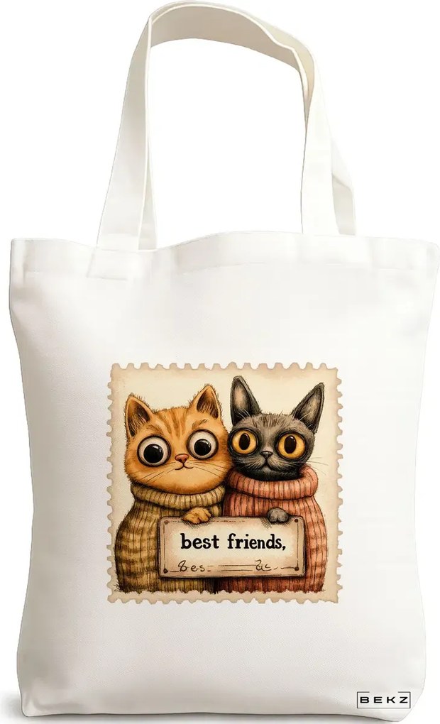 Sacosa de Panza pentru Cumparaturi, Geanta Tote, model Best friends Cats 38 x 34.5 cm, Alba, BEKZ®