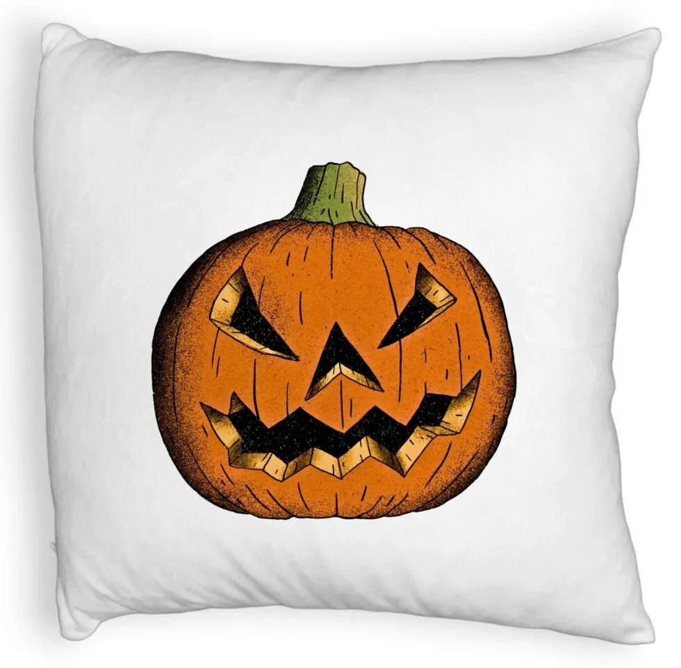 Perna Decorativa Fluffy cu motiv Dovleac de Halloween 2, 40x40 cm, Alba, Husa Detasabila, Burduf