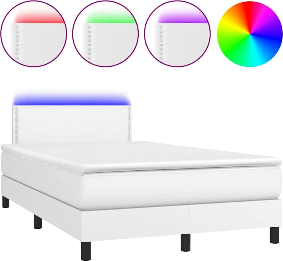 vidaXL Pat cu arcuri, cu saltea și LED, alb, 120x190 cm, piele eco
