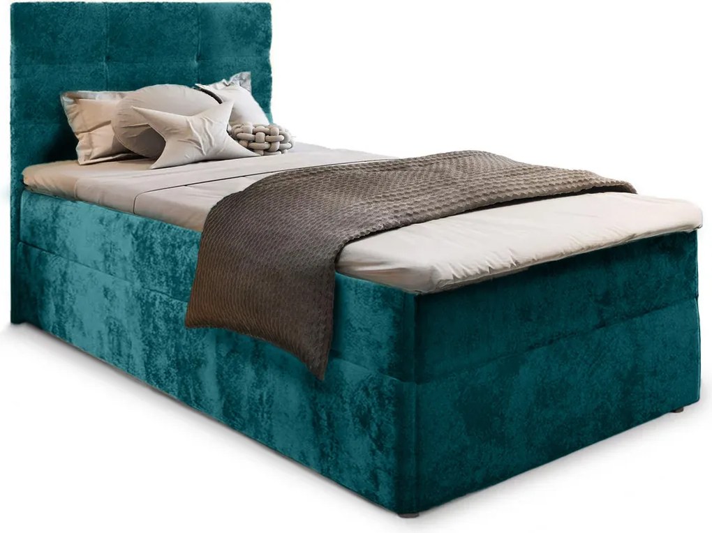 Pat tapițat boxspring GLORIEN VELVET 90x200 cm turcoaz Saltele: Saltea cu arcuri Bonell
