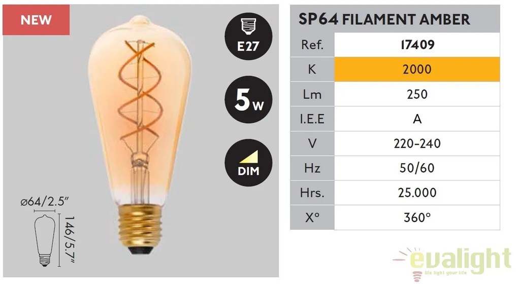 BEC LED filament dimabil 5W E27 2000K lumina calda AMBER 17409