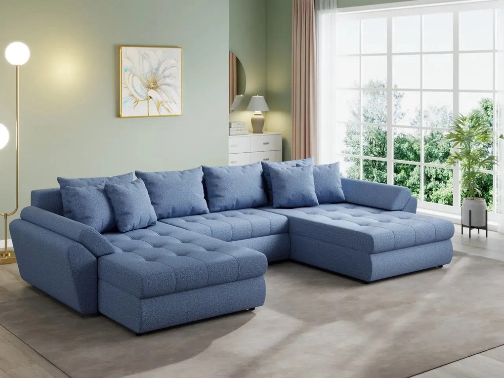 Colțar extensibil  dumonde cu ladă de depozitare si sezut confortabil din spuma high-density, Loana U Enjoy Blue 355x185 cm