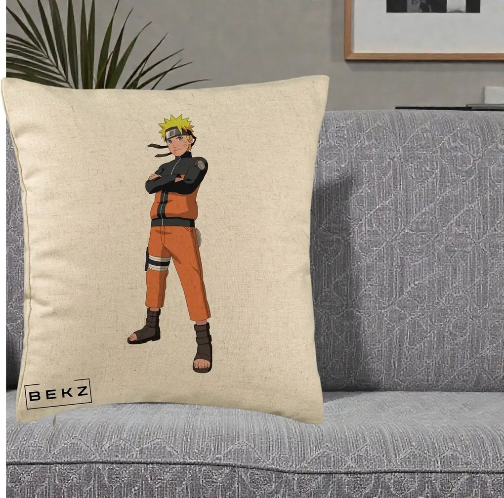 Perna Personalizata Naruto Uzumaki Portret Complet, 40x40 cm, Bej, Husa Detasabila, Perna Inclusa, BEKZ®