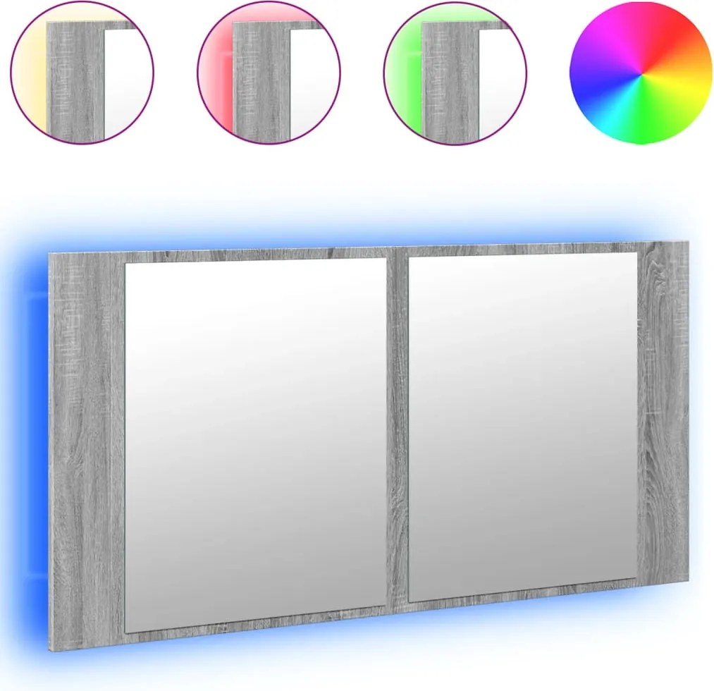 vidaXL Dulap de baie cu oglindă și LED gri sonoma, 90x12x45 cm, acril