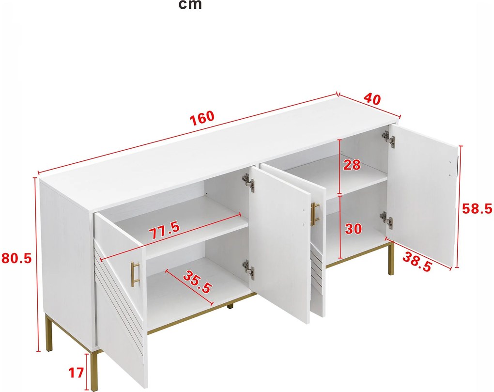 Comodă cu 4 uși, rafturi reglabile pe înălțime, pentru living, sufragerie &amp; hol, 160x40x80,5 cm, Alb