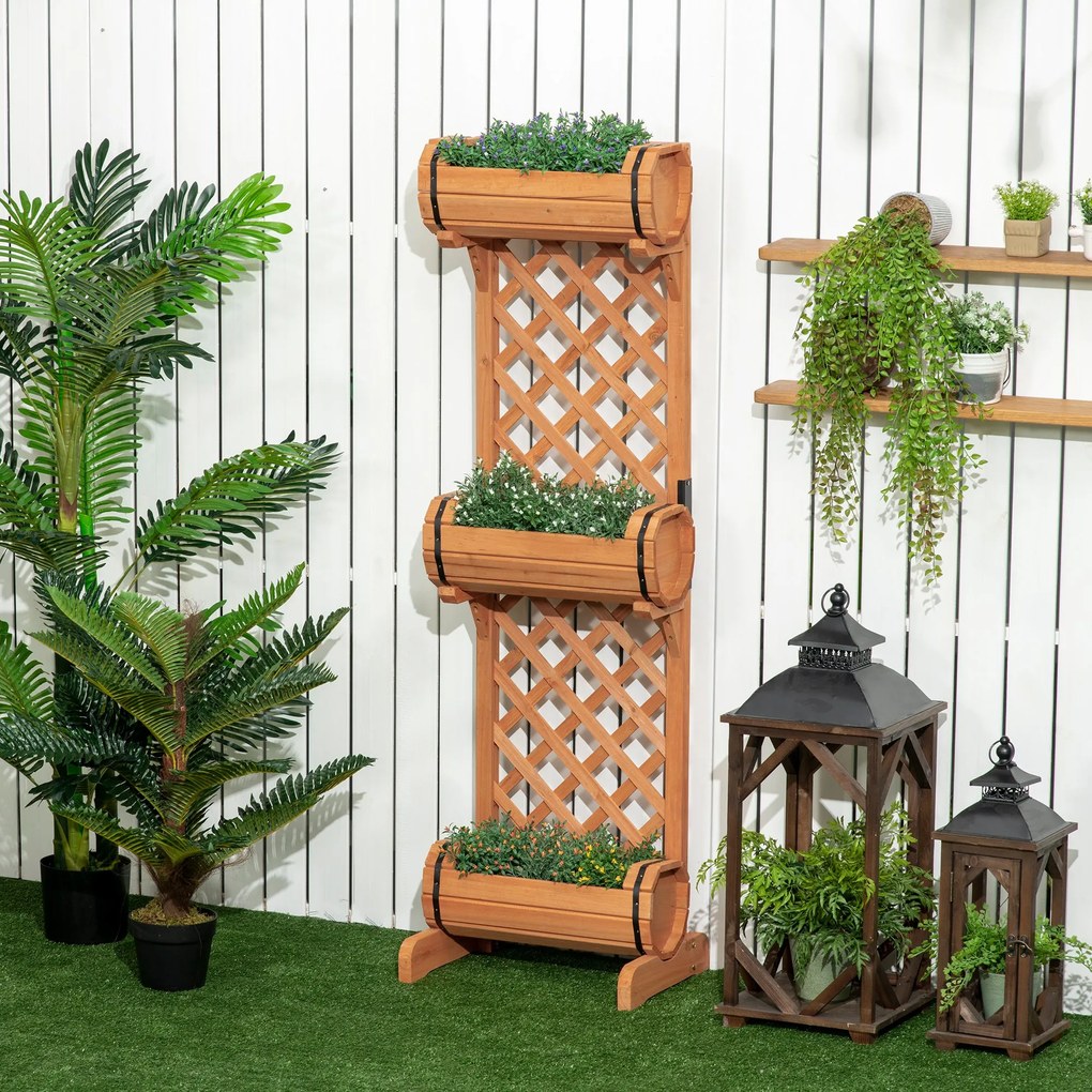 Jardiniera cu 3 ghivece Outsunny, forma de butoi, lemn de brad maro, 45x35x150cm | Aosom RO