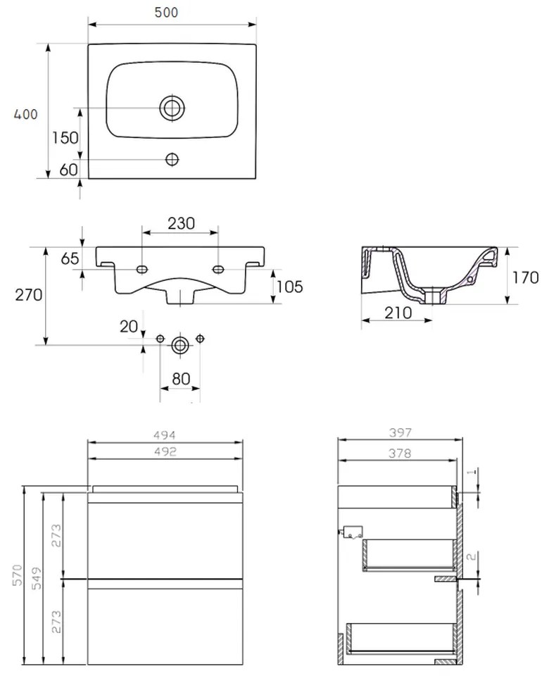 Set dulap baie suspendat 2 sertare cu lavoar Cersanit Moduo inclus, 50 cm, alb Alb, 500x400 mm