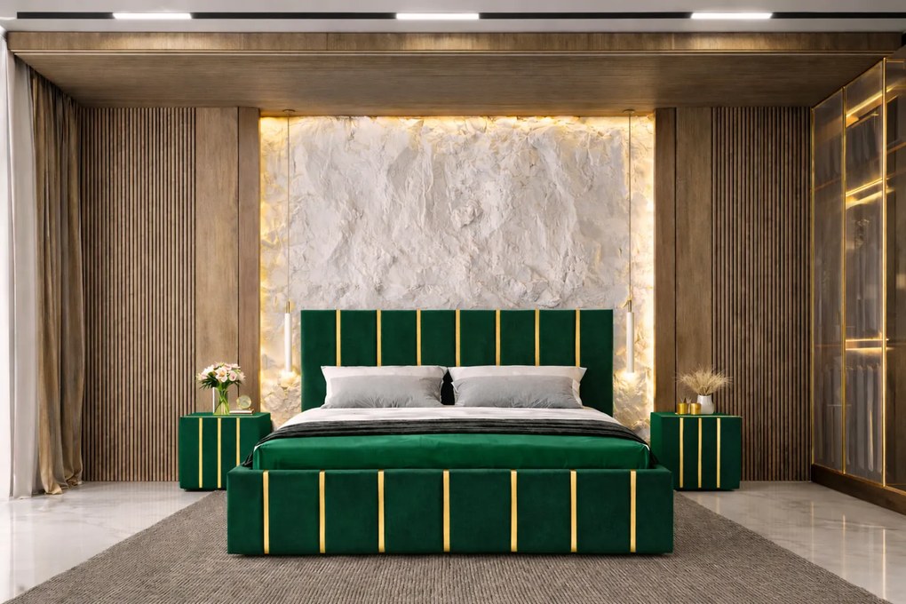 Pat tapitat Hugo 180x200 cm, Verde + Saltea Superortopedica Gold, grosime 20 cm + Set 2 noptiere Hugo, Verde