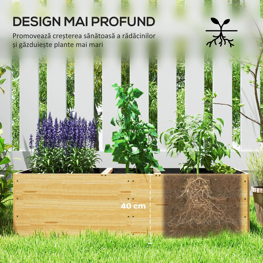 Outsunny Strat de Grădină Înălțat și Adânc cu 3 Zone de Creștere și Strat de Protecție, 140x60x40 cm, Lemn Natural | Aosom Romania