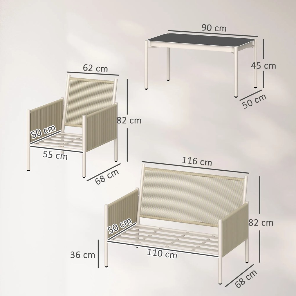 Outsunny Set mobilier de grădină din poliratan Set lounge cu canapea dublă scaun masă de sticlă perne 4 persoane Maro+Gri | Aosom Romania