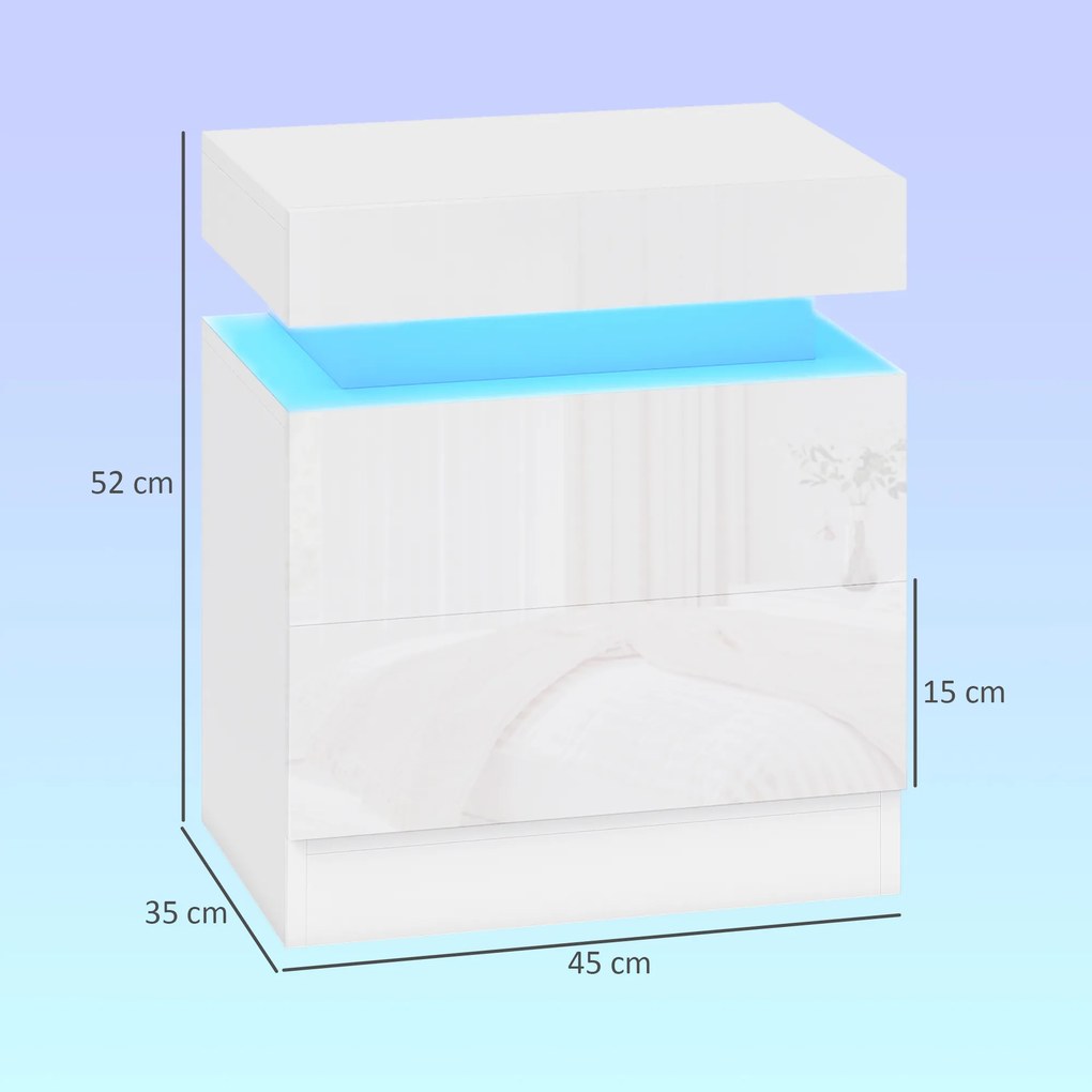 HOMCOM Set 2 Noptiere LED cu 4 Moduri, 2 Sertare, PAL, 45x35x52 cm, Alb Lucios | Aosom Romania