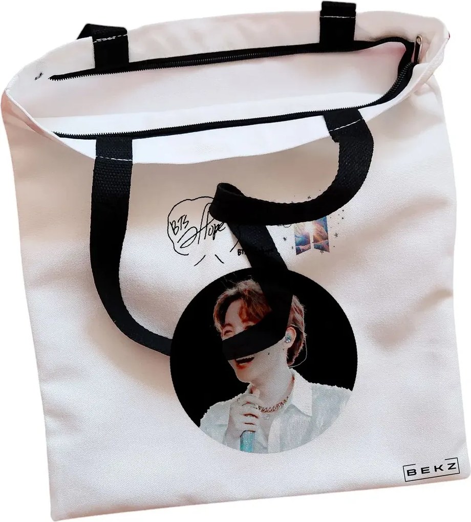 Sacosa de Panza pentru Cumparaturi, Geanta Tote, model BTS J-Hope, Cu fermoar, 38x34.5 cm, Alba, BEKZ®
