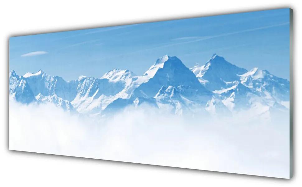 Tablou pe sticla Munte Ceață Peisaj Albastru Alb