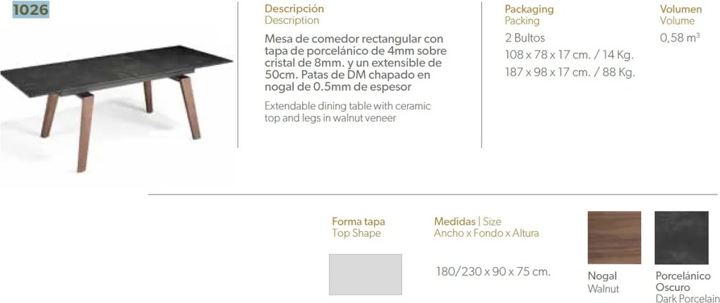 Masa dining extensibila design modern Walnut, 180-230x90cm AC-DT797