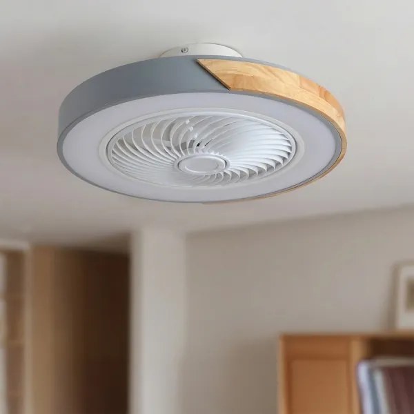 Brilagi - Corp de iluminat LED dimabil cu ventilator, 38 W, 230 V, Ø50 cm, gri/stejar + telecomandă