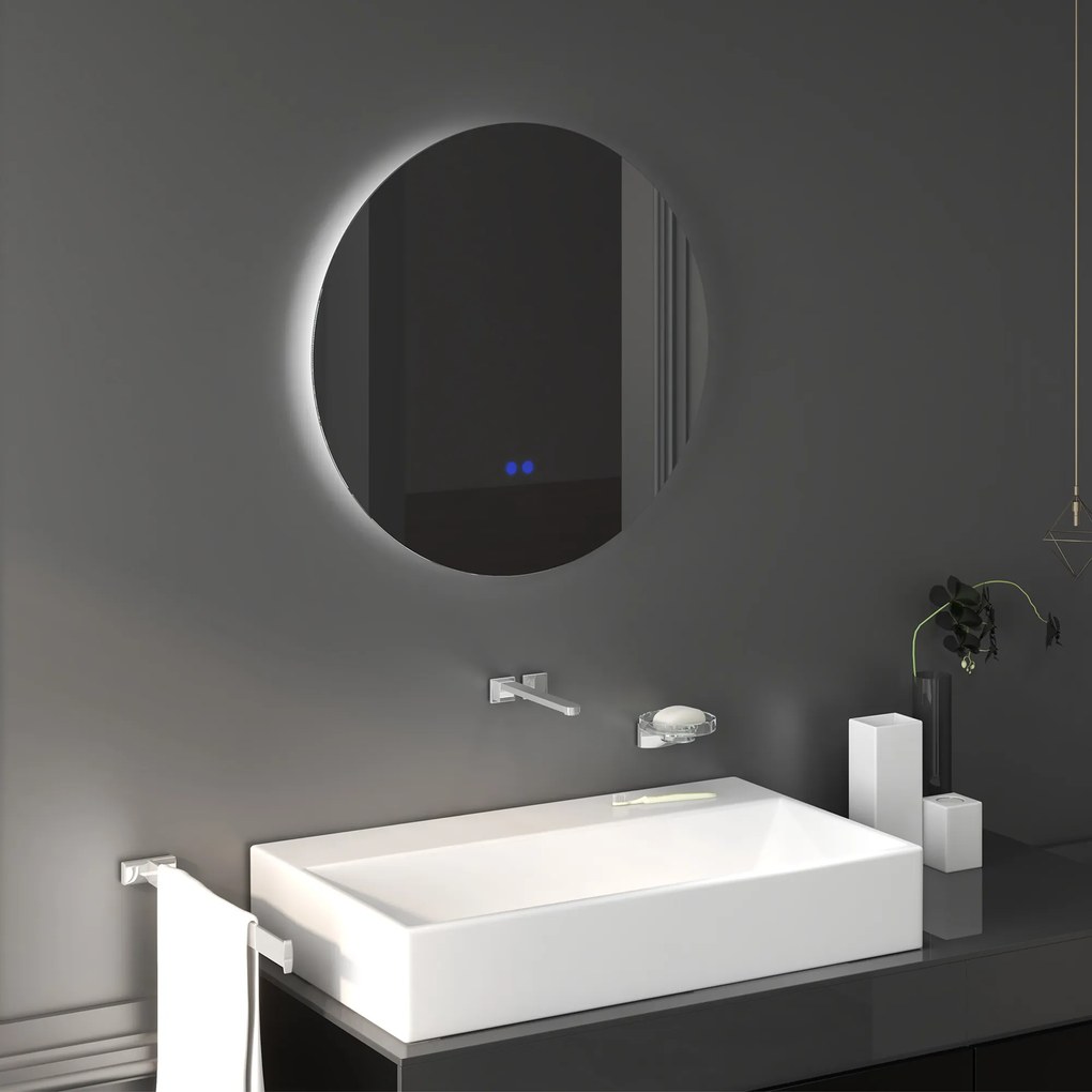 Kleankin Oglinda de Baie Rotunda cu Lumina LED in 3 Culori si intrerupatoare Touch, Ø70x3.5 cm, Transparent | Aosom Romania