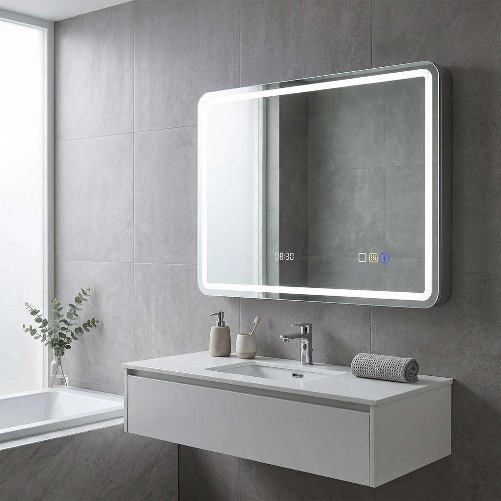 HOMCOM Oglindă de Baie LED cu Bluetooth, Iluminare Reglabilă și Funcție de Memorare, din Sticlă Securizată, 80 x 2.9 x 60 cm | Aosom Romania