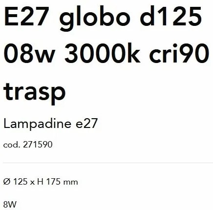Bec LED, E27 globo d125 08w 3000k cri90 transparent