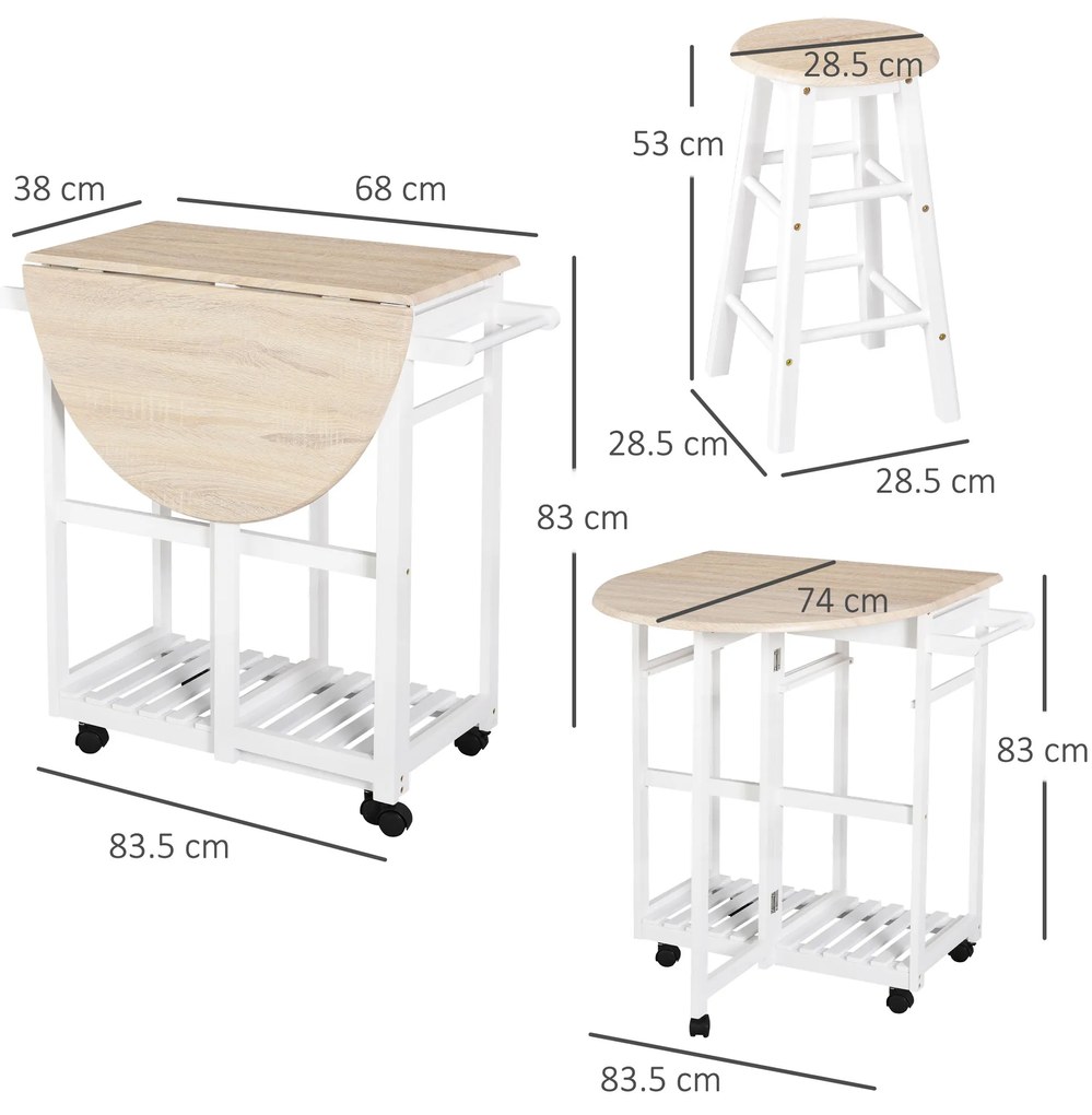 Masa pliabila cu 2 scaune si 4 roti, set masa cu 2 scaune 83,5x74x83cm alb si lemn HOMCOM | Aosom Romania