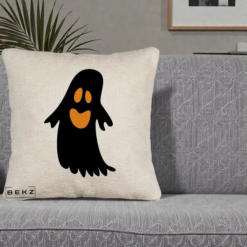 Perna Decorativa Halloween Fantoma Neagra cu Ochi Portocalii, 40x40 cm, Bej Canapea, Husa Detasabila, Perna Inclusa, BEKZ®