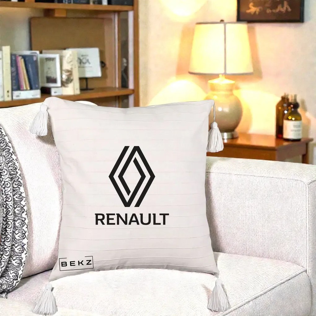 Perna Personalizata cu emblema Renault, 40x40 cm, Bej cu Franjuri, Husa Detasabila, Perna Inclusa, BEKZ®